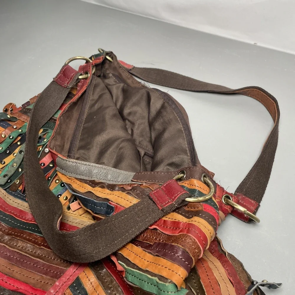 Multi Colored Patchwork Leather Stripes Hobo Studded Bag